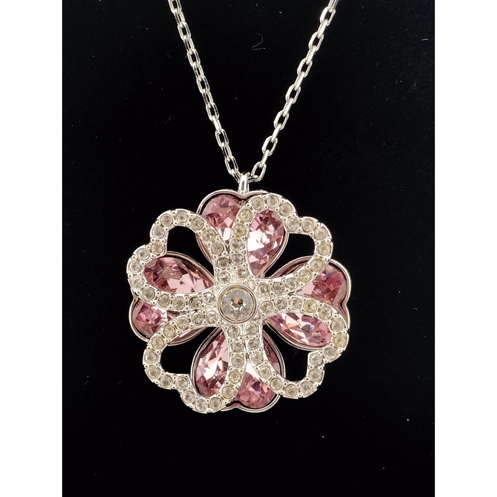 Swarovski silver tone pink flower pendant necklace